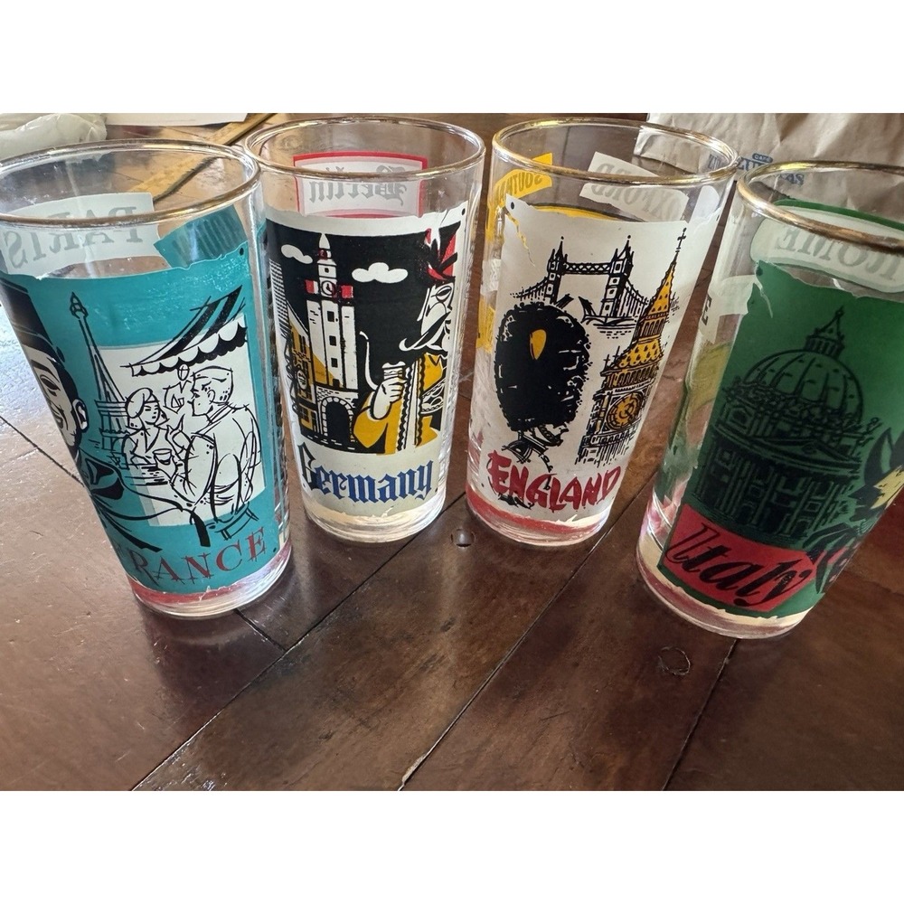 Libbey Coca-Cola Around the World Glasses 12oz VTG 60s Italy France German UK